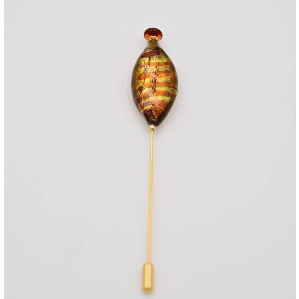 Vintage Murano Glass Stick Pin Gold Tone Artisan Blown Yellow Brown Amber BinAT